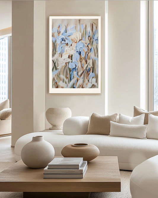 Among Irises Fine Art Print displayed in a modern interior.
