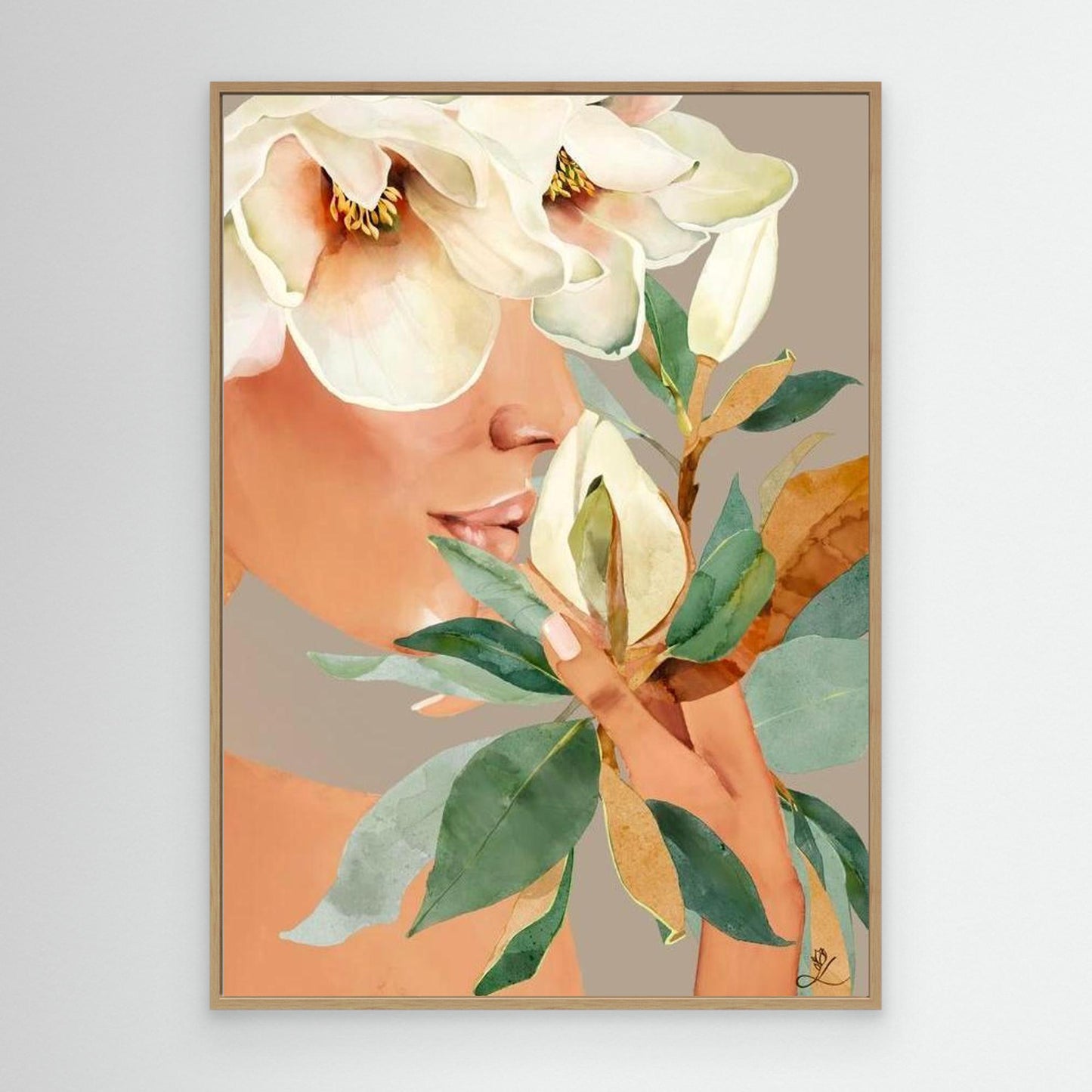Feminine portrait with magnolia flowers on taupe background, canvas in oak floating frame by Janka Kykalova.
