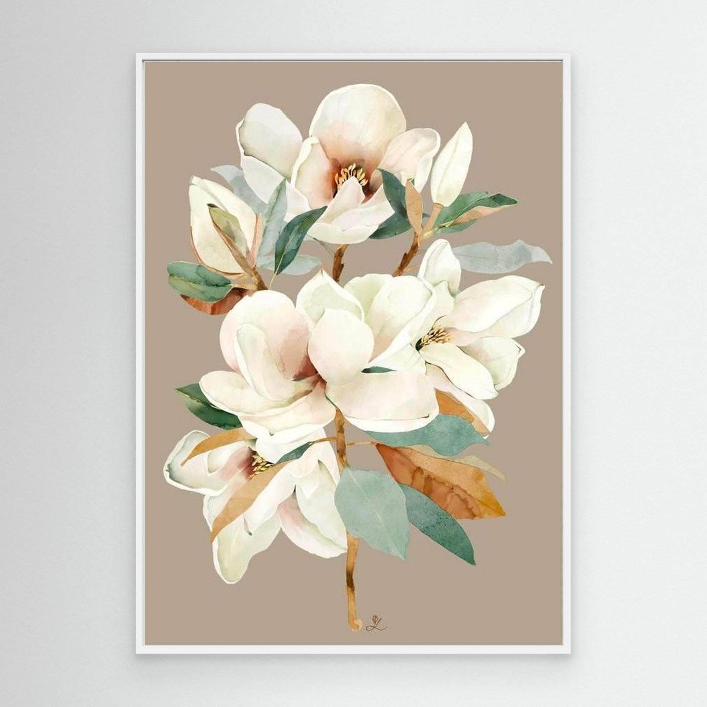 Elegant white magnolia flower on a taupe background, canvas in white floating frame by Janka Kykalova.