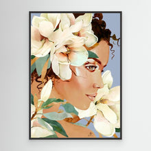 Load image into Gallery viewer, Feminine portrait with white magnolia flowers on blue background, canvas in black floating frame by Janka Kykalova.