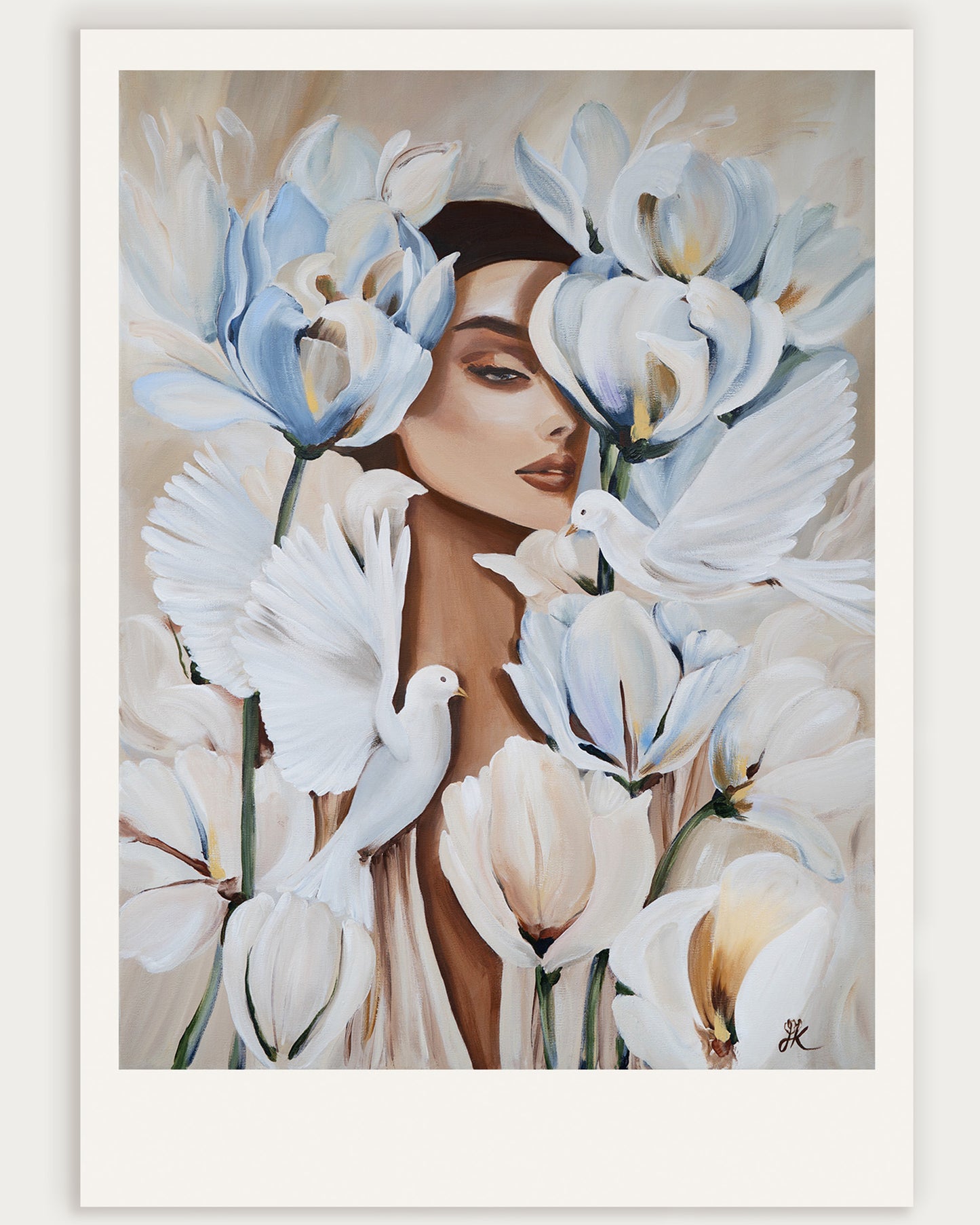 Return to Yourself and Spread Your Wings – fine art print, limited edition, female portrait with flowers and doves, Janka Kykalová