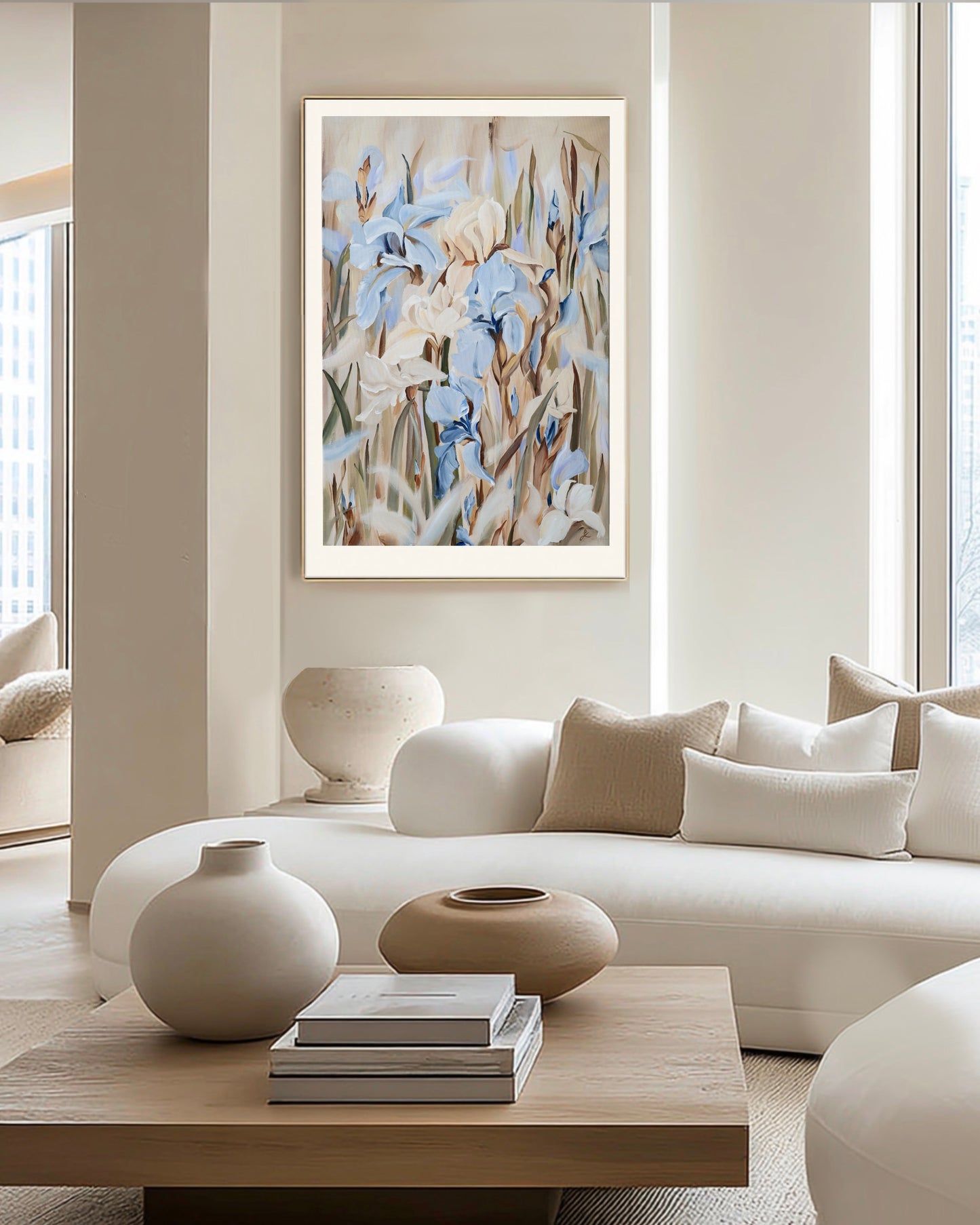 Among Irises Fine Art Print displayed in a modern interior.