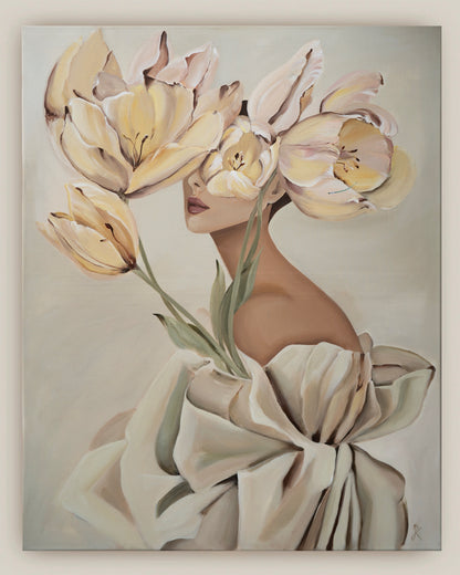 full front view of the blooming in her mind canvas print featuring a woman with soft yellow and pink flowers covering her eyes by janka kykalová