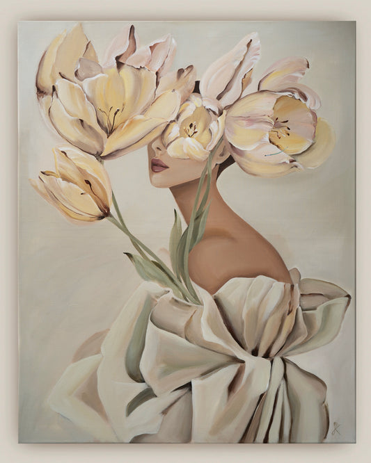full front view of the blooming in her mind canvas print featuring a woman with soft yellow and pink flowers covering her eyes by janka kykalová