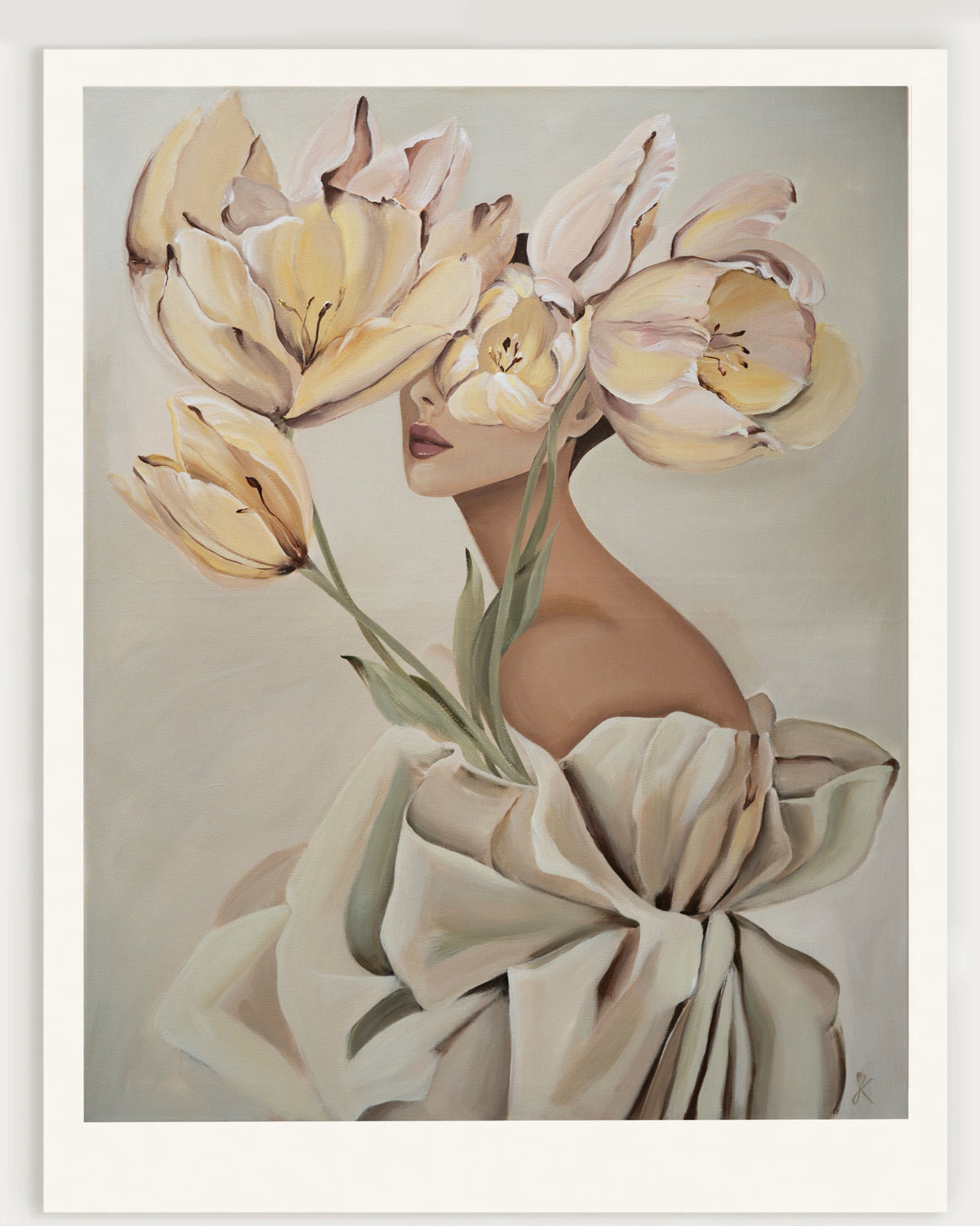 full front view of the blooming in her mind fine art print featuring a woman with soft yellow and pink flowers covering her eyes by janka kykalová