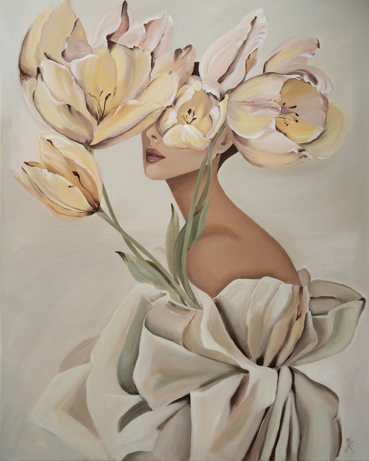 full front view of blooming in her mind, an original acrylic painting of a woman with soft yellow and pink flowers by janka kykalová