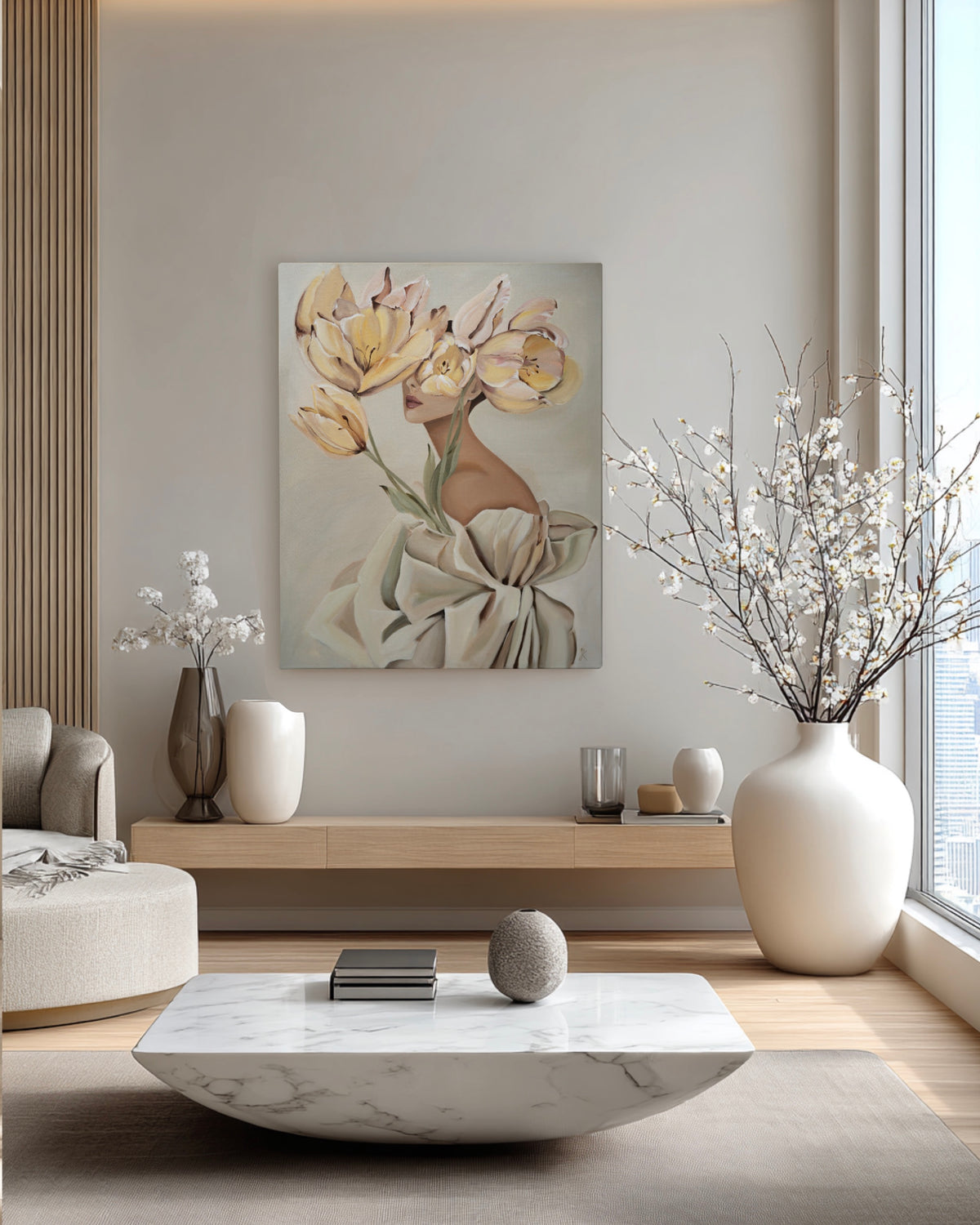 blooming in her mind canvas print featuring a woman with soft yellow and pink flowers displayed in a contemporary interior