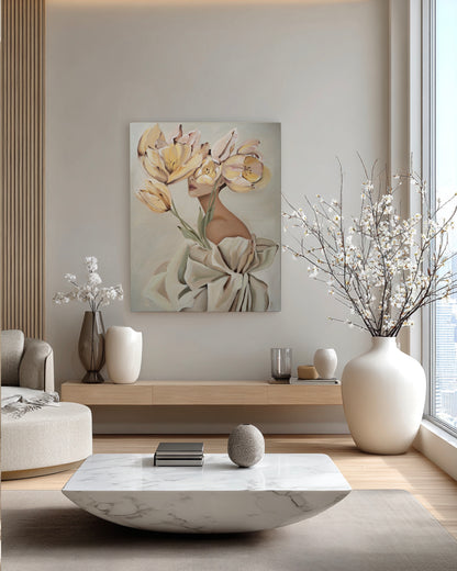 blooming in her mind canvas print featuring a woman with soft yellow and pink flowers displayed in a contemporary interior