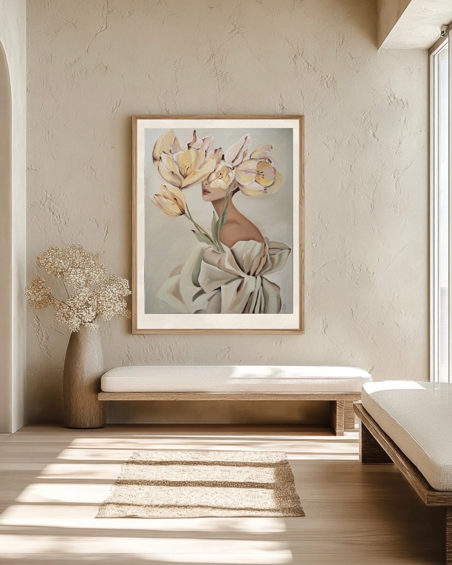 blooming in her mind fine art print featuring a woman with soft yellow and pink flowers displayed in a contemporary interior