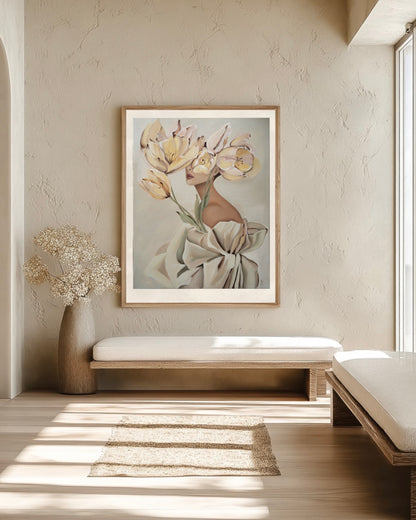 blooming in her mind fine art print featuring a woman with soft yellow and pink flowers displayed in a contemporary interior