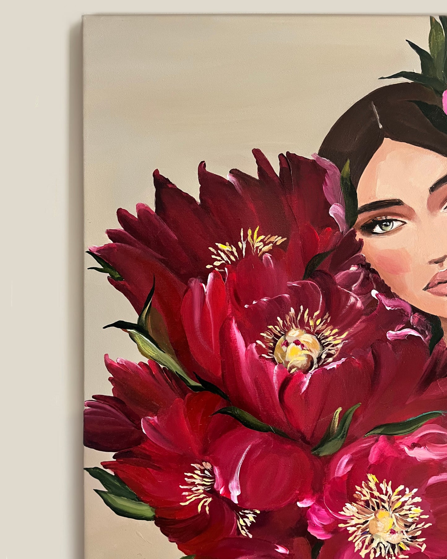 Detail of Carmine Woman by Janka Kykalová – acrylic painting with oil pastel, feminine body and red peonies