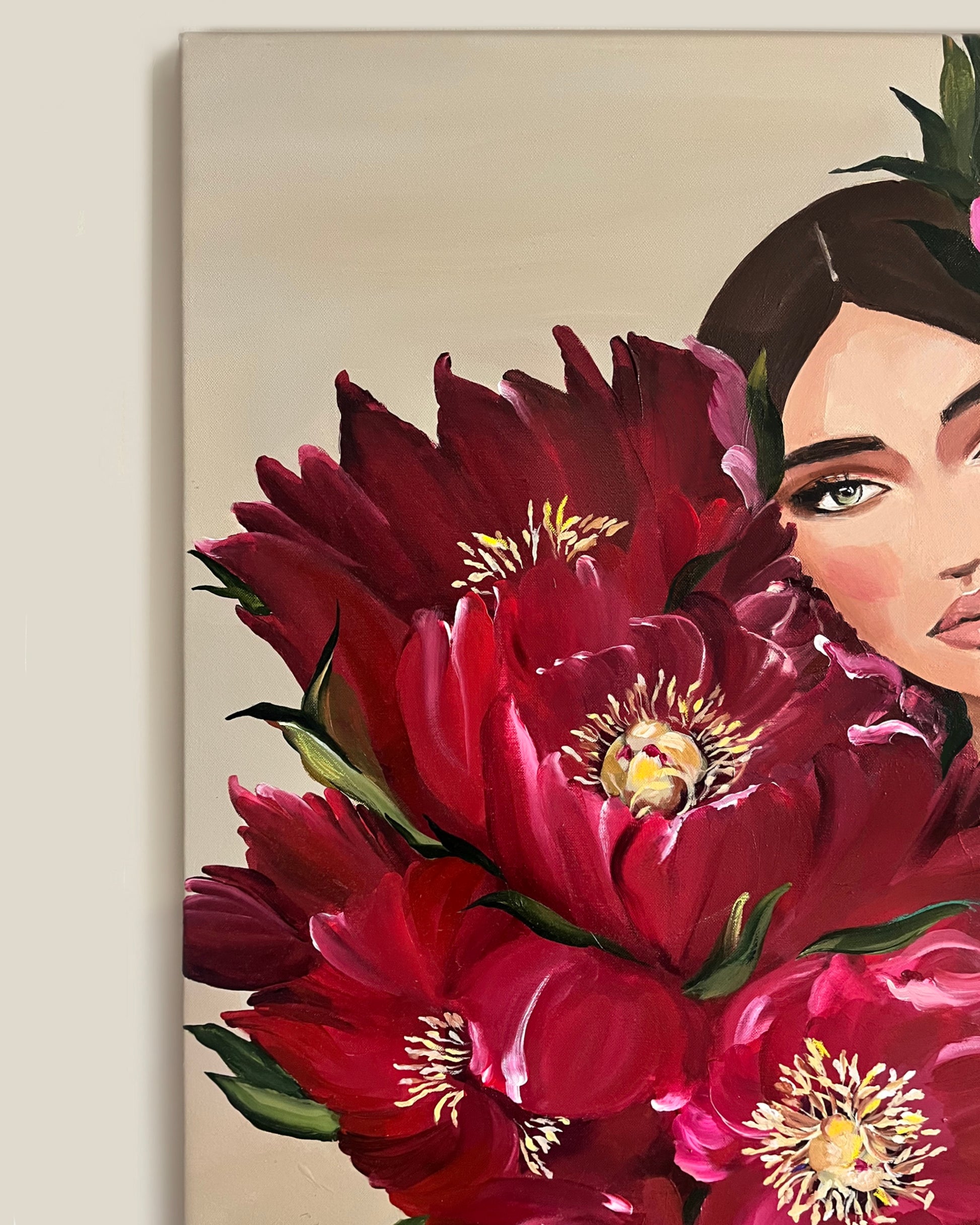 Detail of Carmine Woman by Janka Kykalová – acrylic painting with oil pastel, feminine body and red peonies