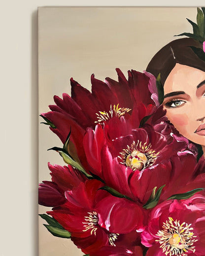 Detail of Carmine Woman by Janka Kykalová – acrylic painting with oil pastel, feminine body and red peonies