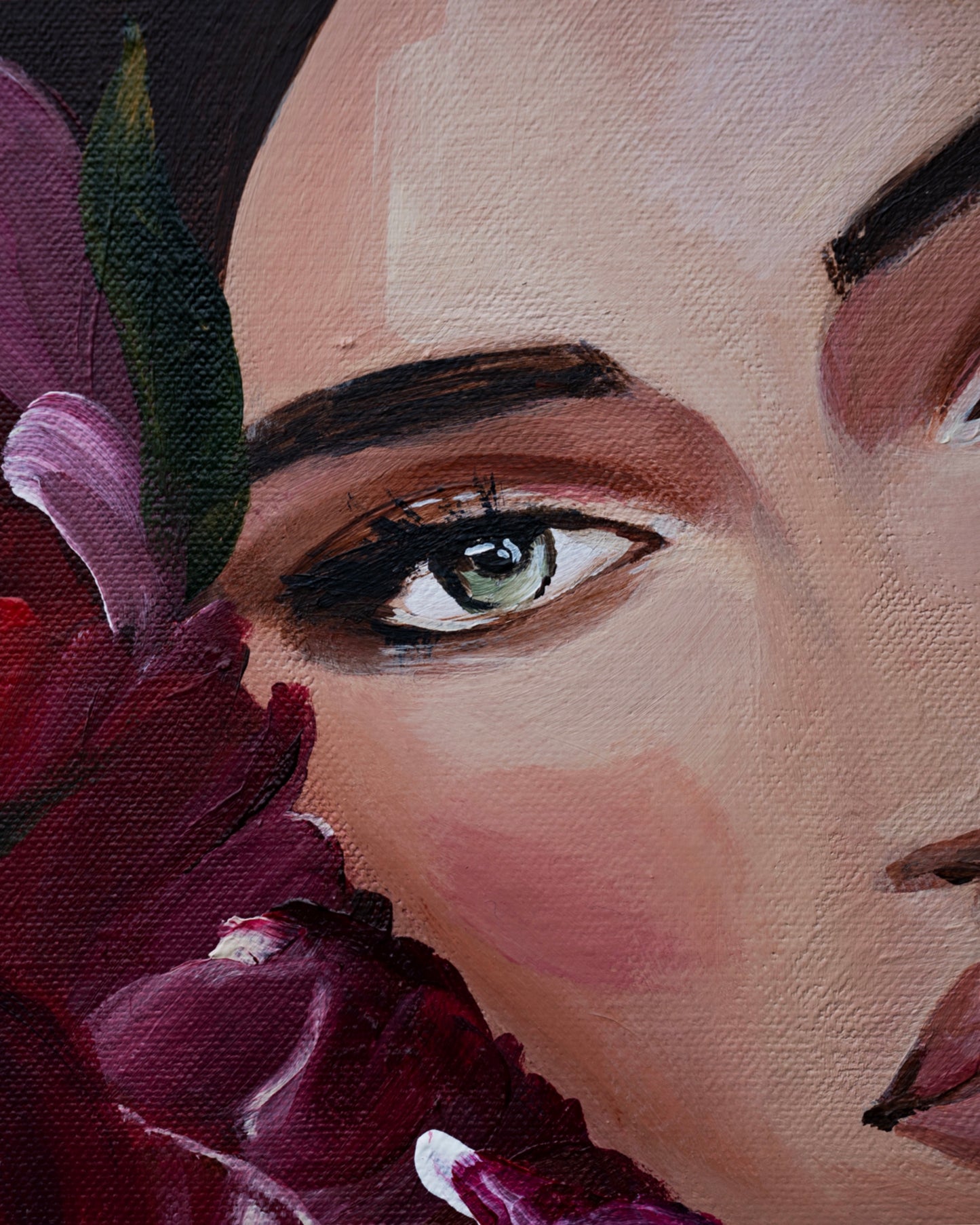 Face detail of Carmine Woman by Janka Kykalová – expressive feminine portrait in red tones