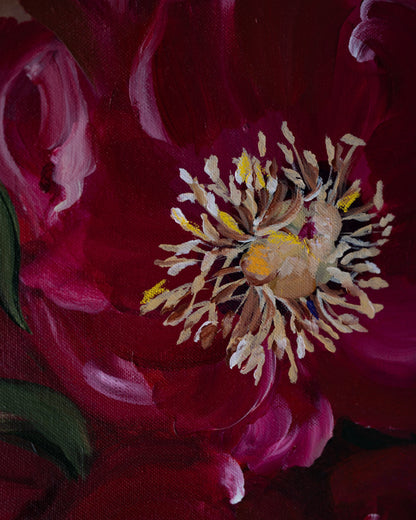 Flower detail of Carmine Woman by Janka Kykalová – red peonies with oil pastel texture
