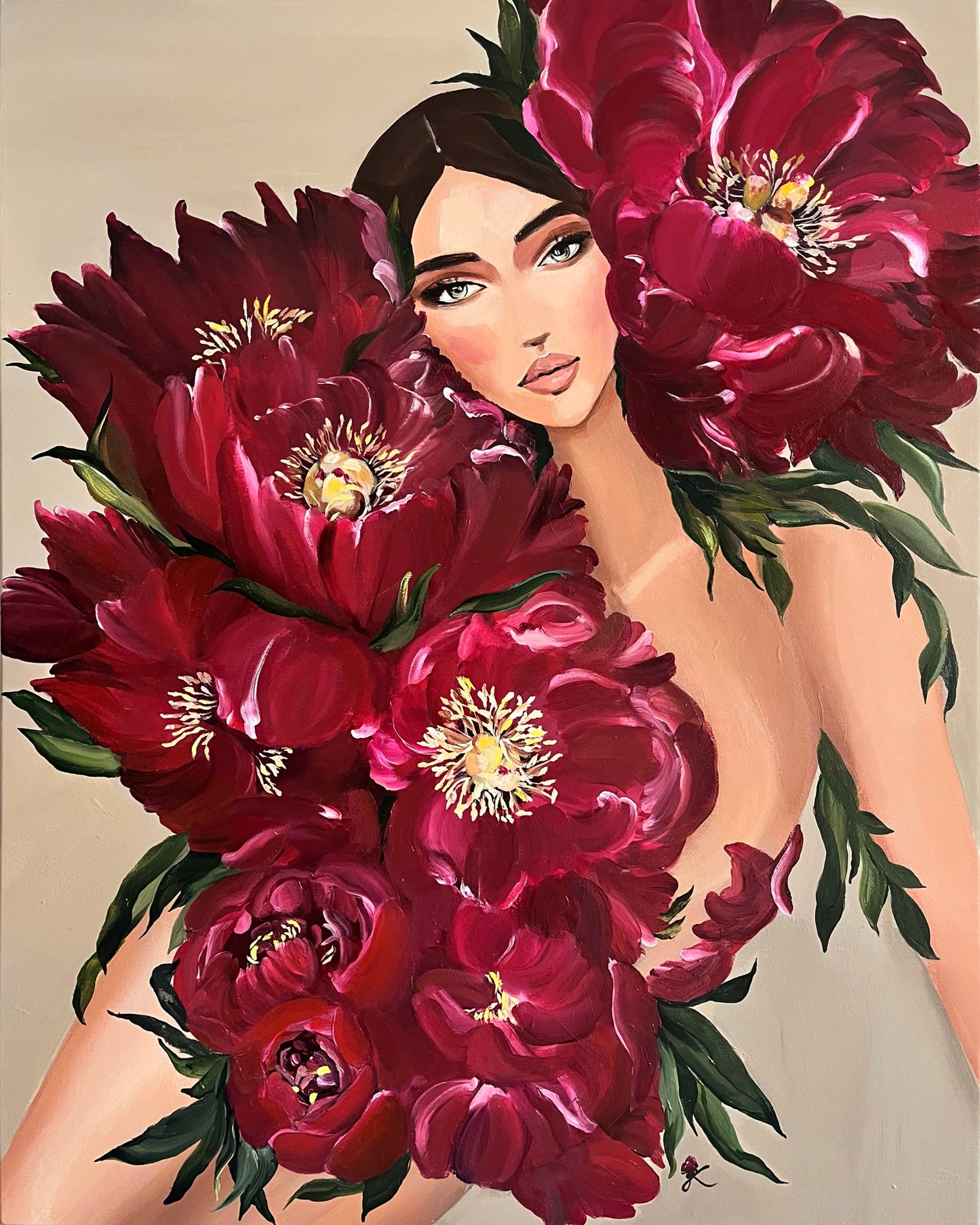 Carmine Woman by Janka Kykalová – original painting of a woman with red peonies, archetype of feminine energy
