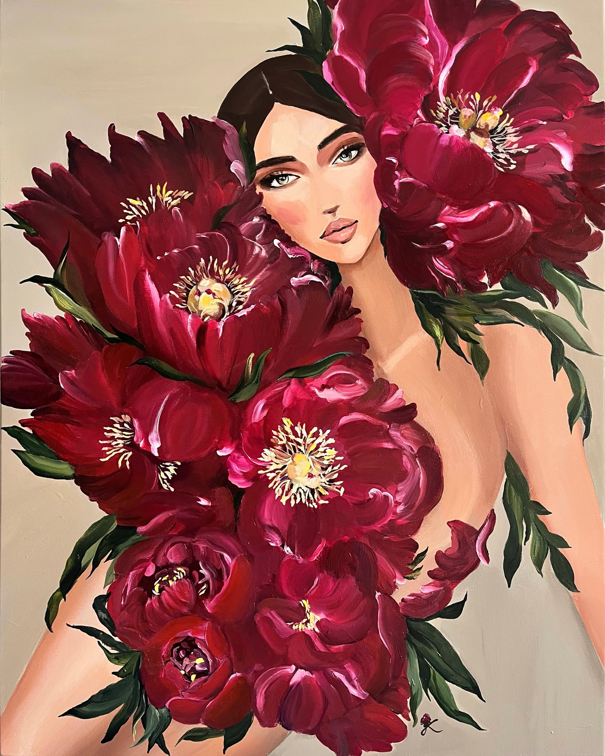 Carmine Woman by Janka Kykalová – original painting of a woman with red peonies, archetype of feminine energy