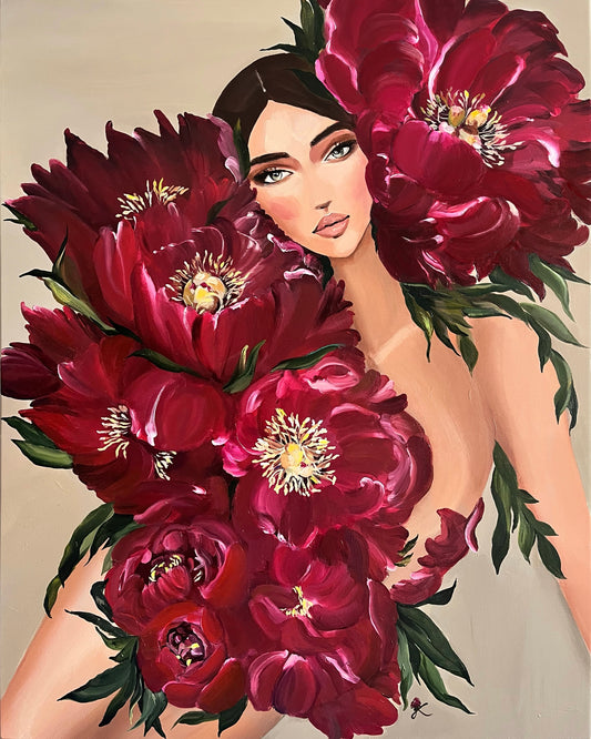 Carmine Woman by Janka Kykalová – original painting of a woman with red peonies, archetype of feminine energy