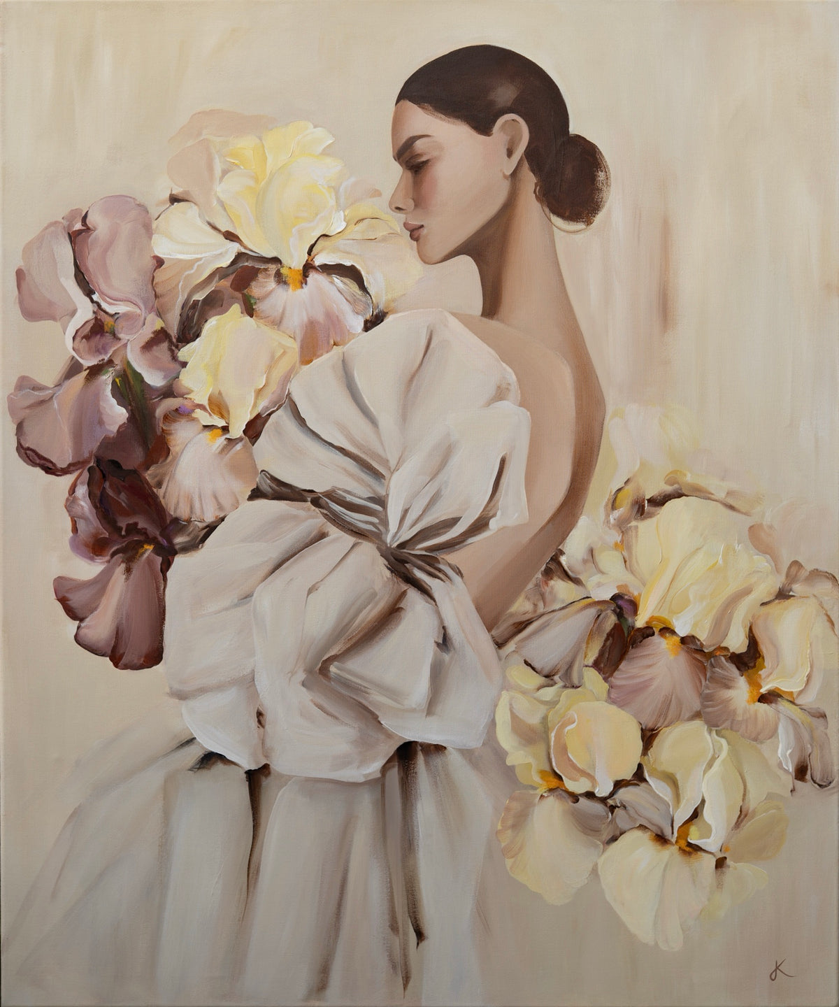 Grace by Janka Kykalová, depicting a woman in profile wearing a cream dress, surrounded by butter-yellow and muted purple irises.