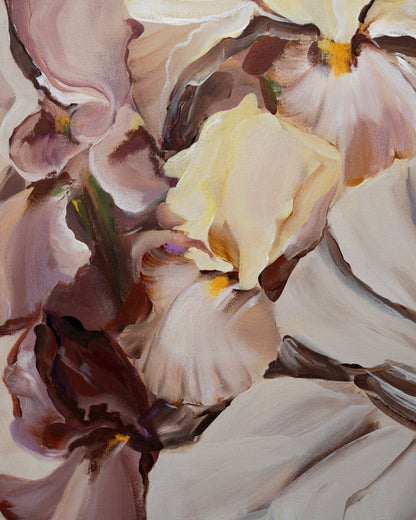 Detail of Grace showing yellow and muted purple iris petals beside folds of a cream dress, with visible brushstrokes.