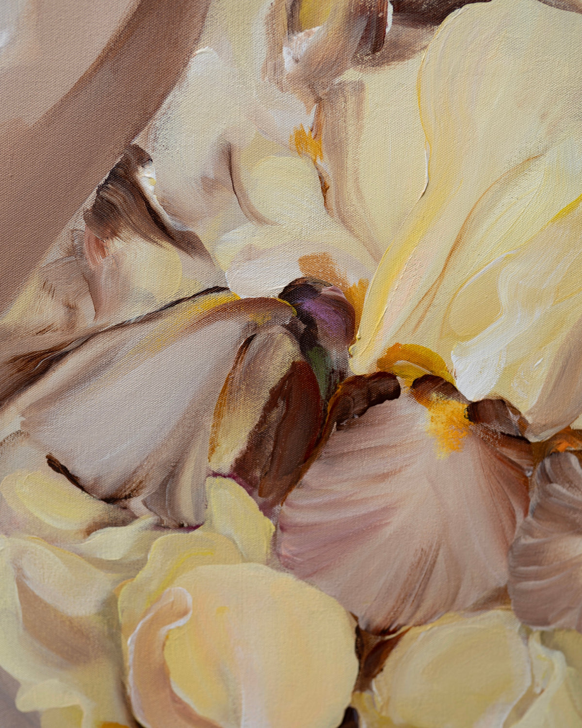 Detail of Grace by Janka Kykalová, showing butter-yellow and muted mauve iris petals with visible brushstrokes and canvas texture.