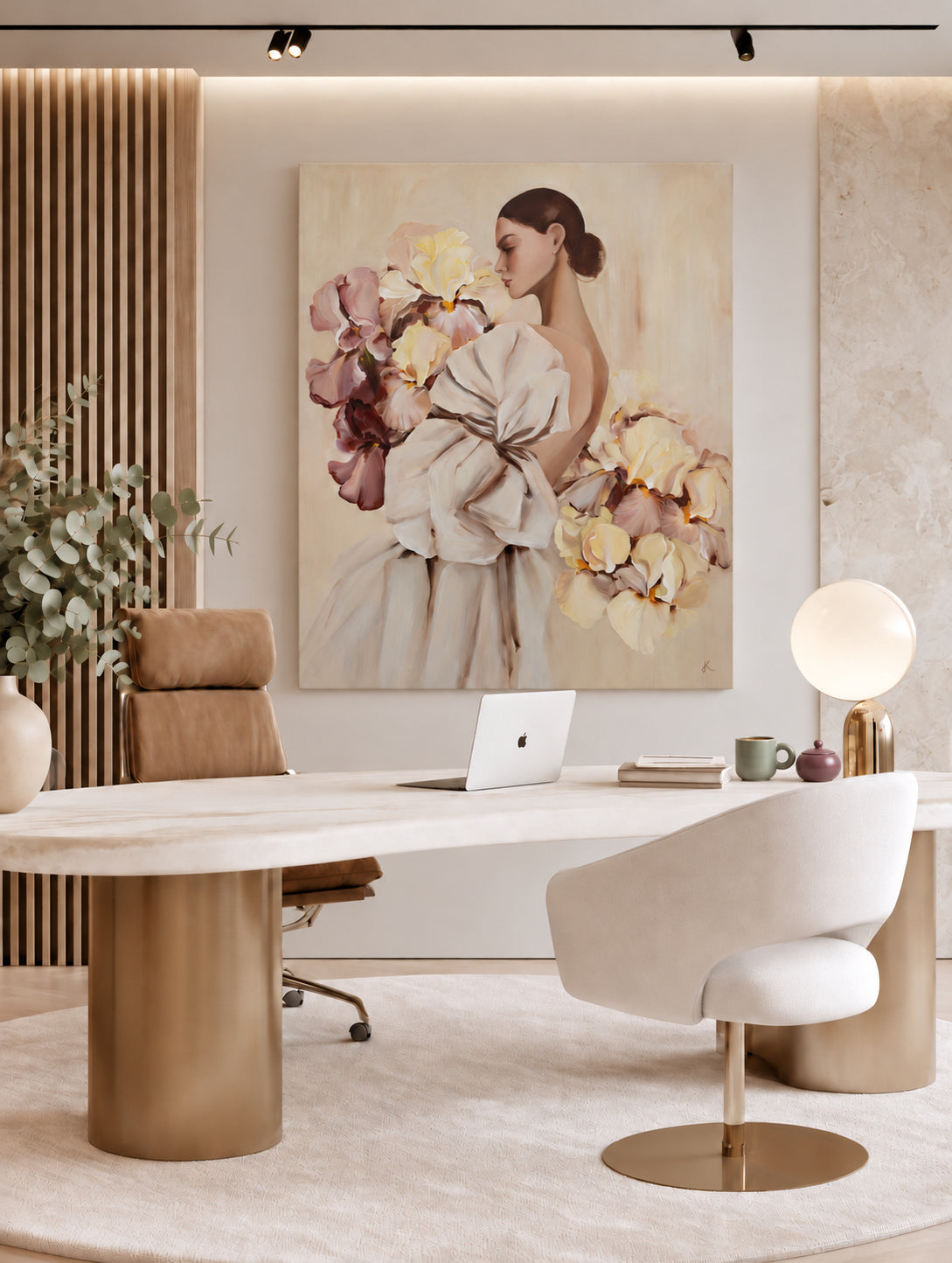 Grace displayed in a beige office above a desk with a laptop, eucalyptus and ceramic accessories, with brown and white chairs.