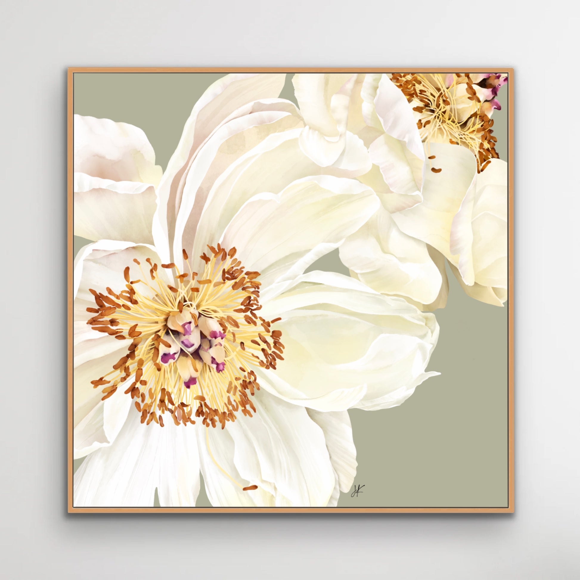 White peony in full bloom, symbol of harmony and grace, canvas in oak floating frame by Janka Kykalova.