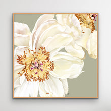 Load image into Gallery viewer, White peony in full bloom, symbol of harmony and grace, canvas in oak floating frame by Janka Kykalova.
