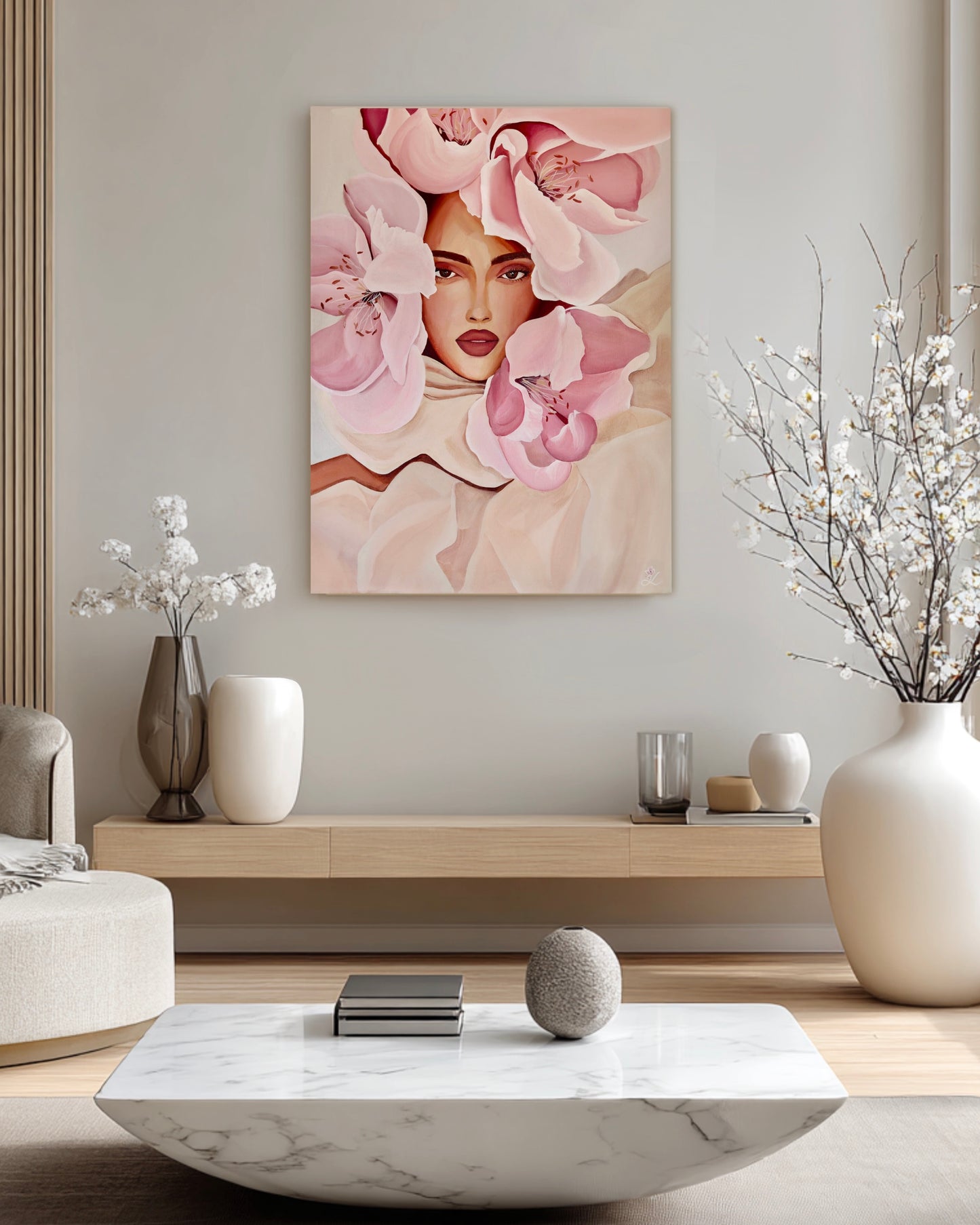 In Her Light canvas print displayed in a modern, neutral living room interior.