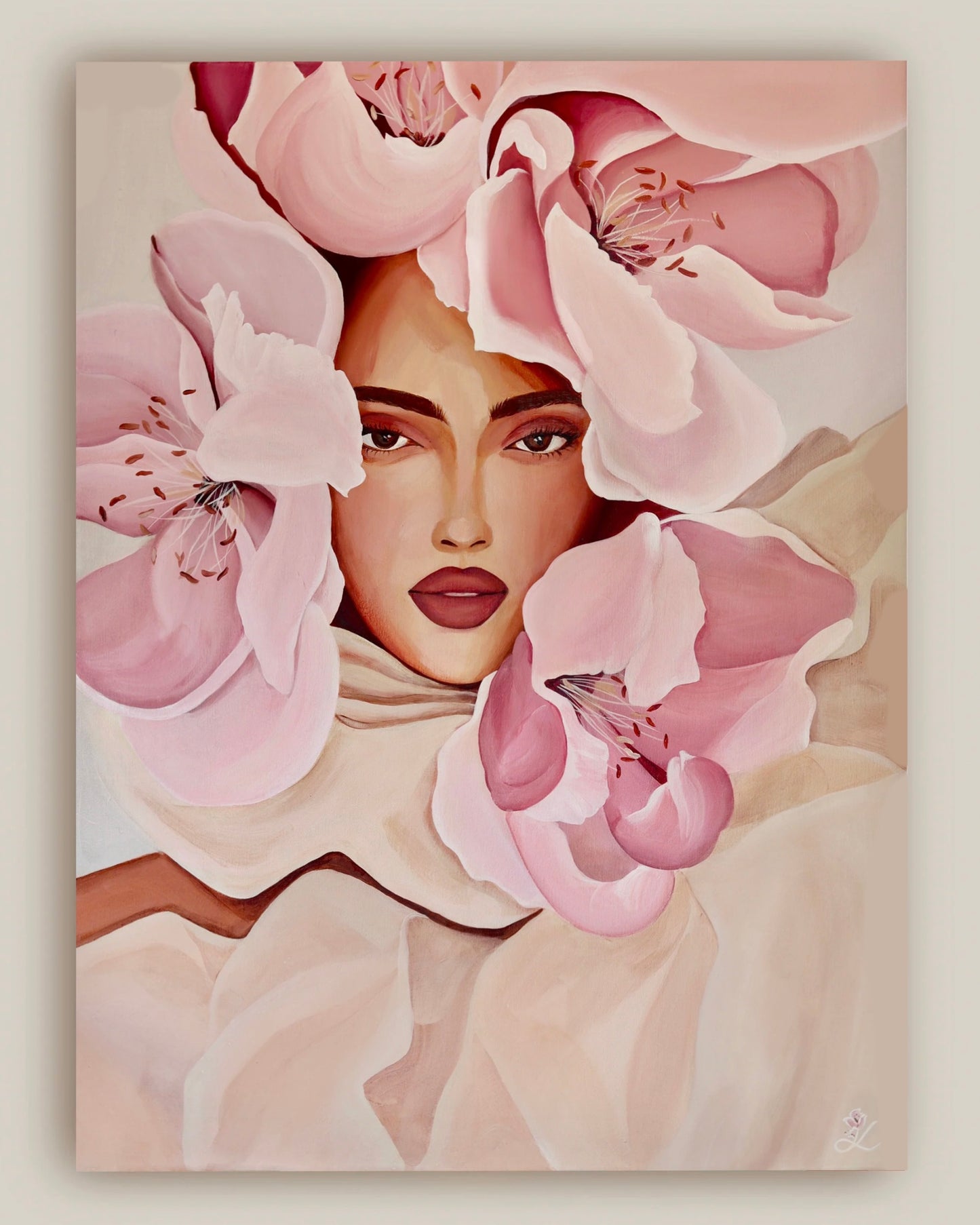 In Her Light canvas print on artist canvas with a woman surrounded by soft pink flowers.