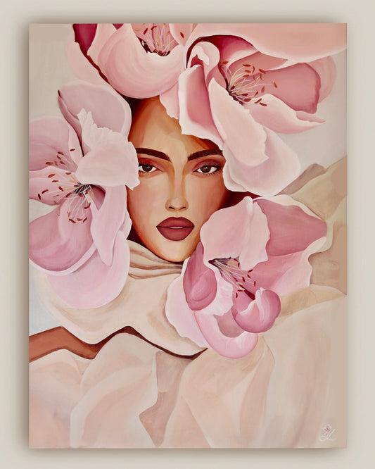 In Her Light canvas print on artist canvas with a woman surrounded by soft pink flowers.