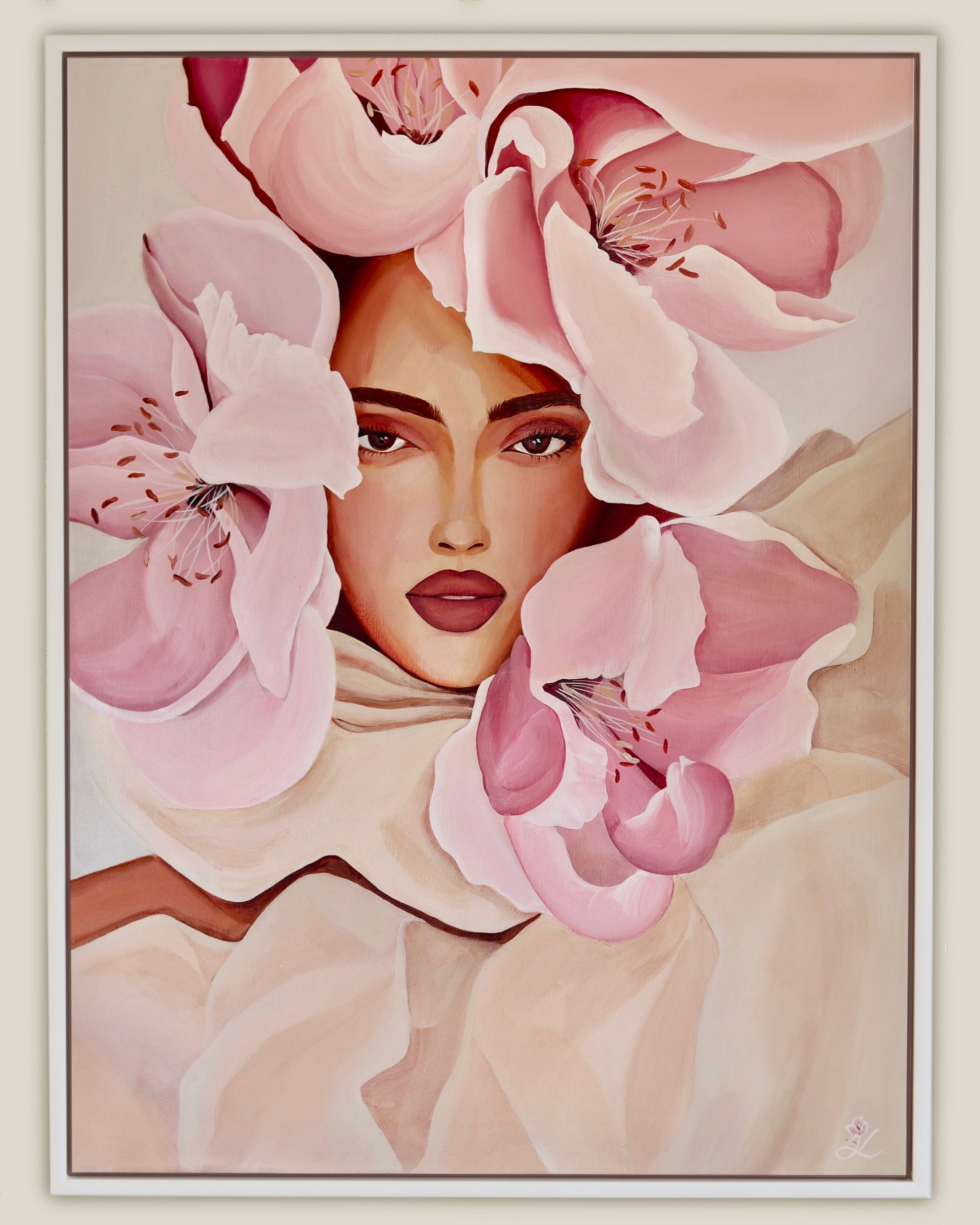 In Her Light by Janka Kykalová – original framed painting of a woman with magnolia flowers