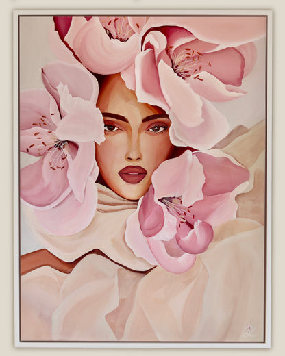 In Her Light by Janka Kykalová – original framed painting of a woman with magnolia flowers