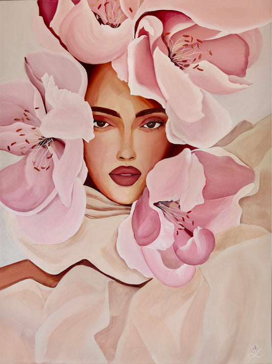 Original acrylic painting In Her Light by Janka Kykalová – woman surrounded by magnolia flowers, soft light, feminine portrait