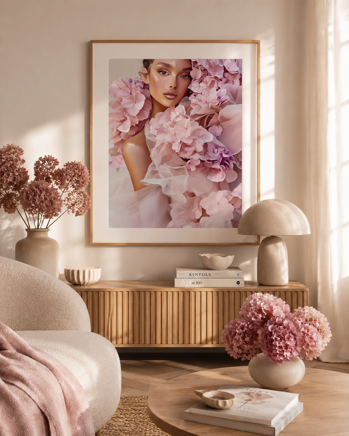 In Hydrangea Bloom Fine Art Print styled in a bright contemporary interior