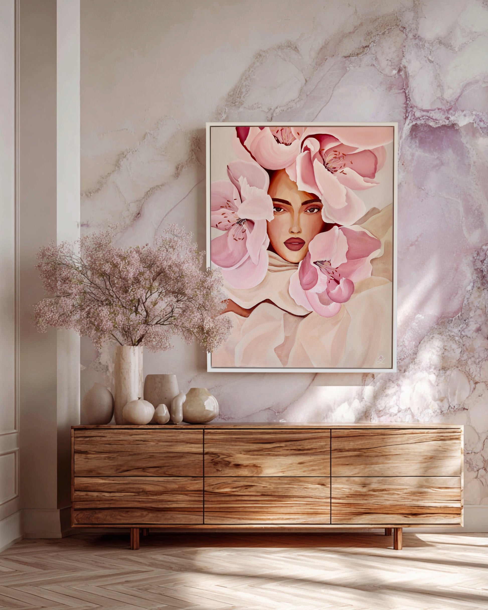 In Her Light by Janka Kykalová displayed in a bright interior – original floral portrait painting