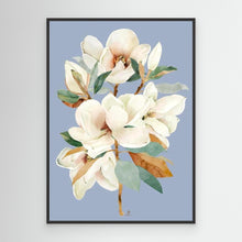 Charger l&#39;image dans la galerie, Elegant white magnolia flower on a blue background, canvas in black floating frame by Janka Kykalova.
