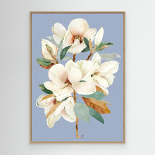 Charger l&#39;image dans la galerie, Elegant white magnolia flower on a blue background, canvas in oak floating frame by Janka Kykalova.
