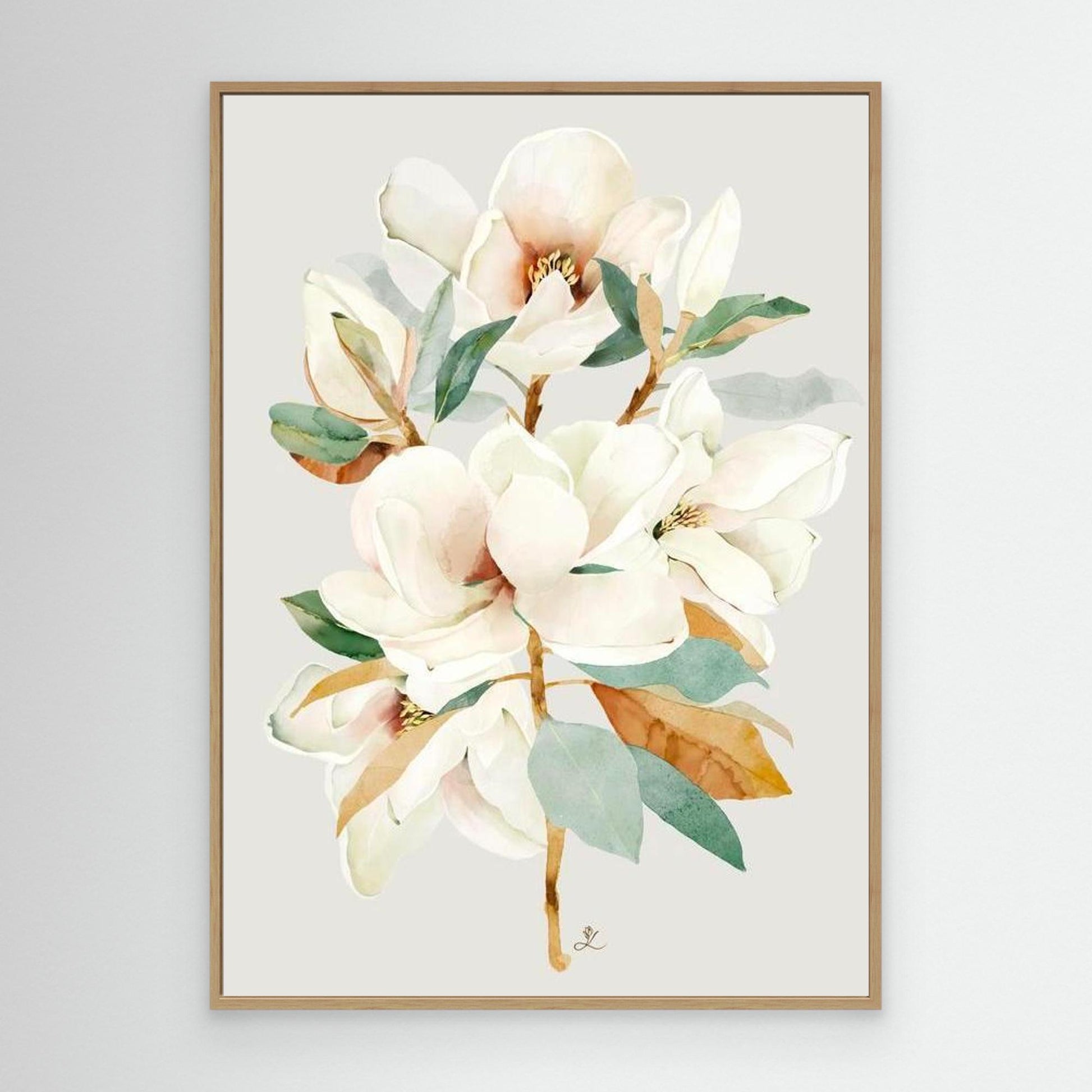 Elegant white magnolia flower on a soft background, canvas in oak floating frame by Janka Kykalova.