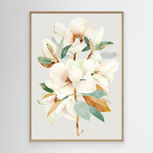 Charger l&#39;image dans la galerie, Elegant white magnolia flower on a soft background, canvas in oak floating frame by Janka Kykalova.
