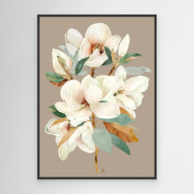 Charger l&#39;image dans la galerie, Elegant white magnolia flower on a taupe background, canvas in black floating frame by Janka Kykalova.
