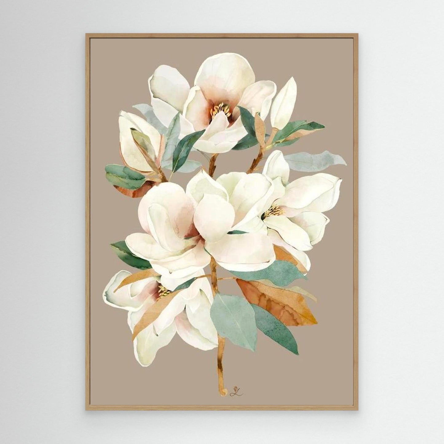 Elegant white magnolia flower on a taupe background, canvas in oak floating frame by Janka Kykalova.