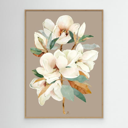Elegant white magnolia flower on a taupe background, canvas in oak floating frame by Janka Kykalova.