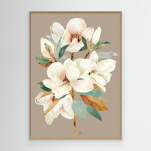 Charger l&#39;image dans la galerie, Elegant white magnolia flower on a taupe background, canvas in oak floating frame by Janka Kykalova.
