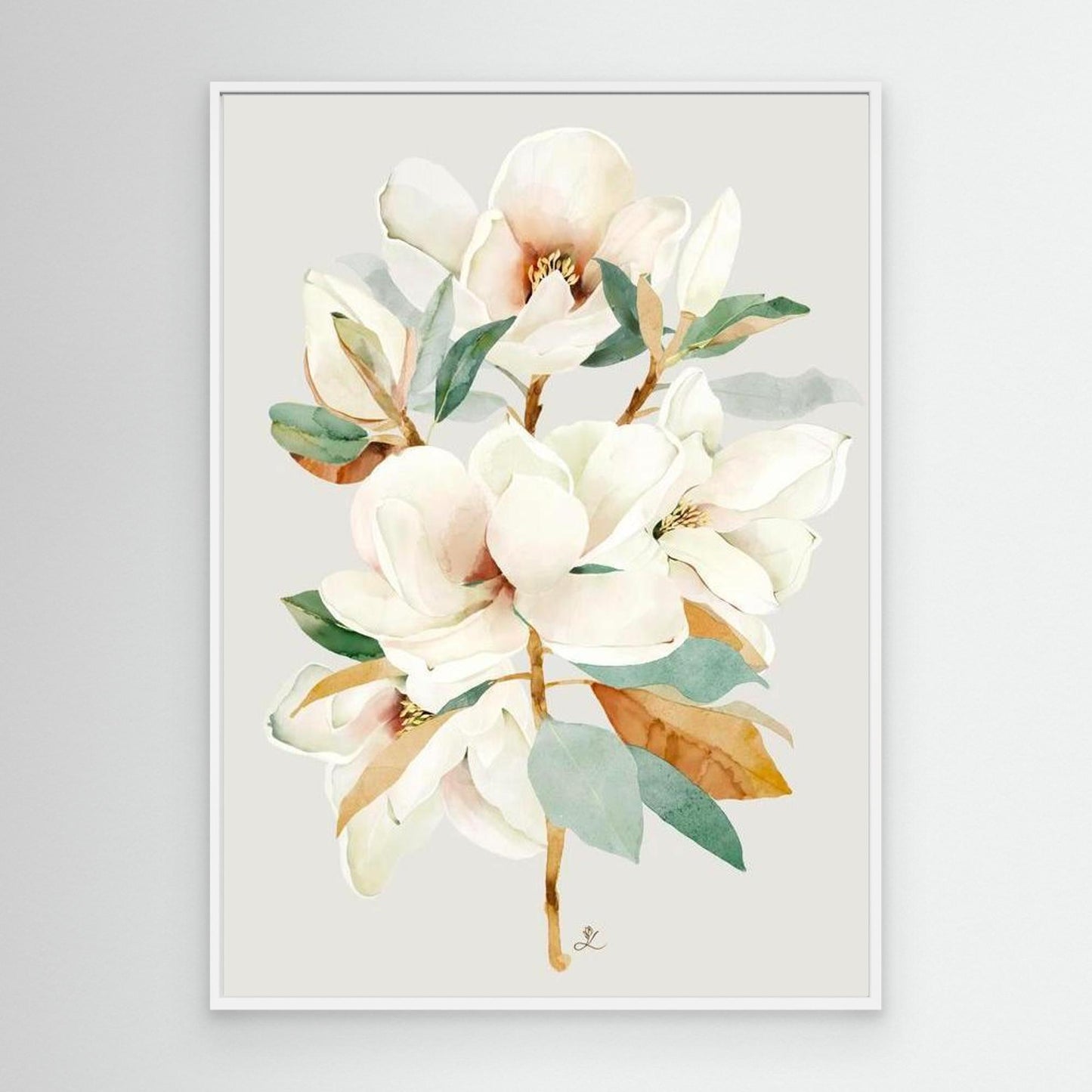 Elegant white magnolia flower on a soft background, canvas in white floating frame by Janka Kykalova.