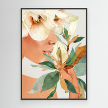 Load image into Gallery viewer, Feminine portrait immersed in magnolia flowers, canvas in black floating frame by Janka Kykalova.
