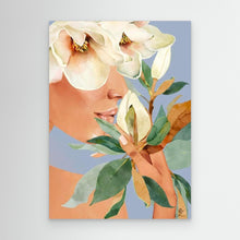 Load image into Gallery viewer, Feminine portrait with magnolia flowers on blue background, unframed canvas by Janka Kykalova.
