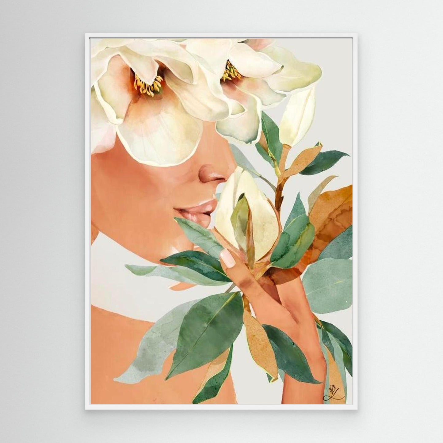 Feminine portrait immersed in magnolia flowers, canvas in white floating frame by Janka Kykalova.