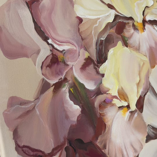 Video showing the painting process of Grace by Janka Kykalová, featuring a woman in a cream dress surrounded by yellow and muted purple irises.