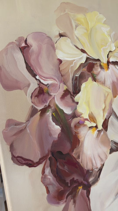 Video showing the painting process of Grace by Janka Kykalová, featuring a woman in a cream dress surrounded by yellow and muted purple irises.